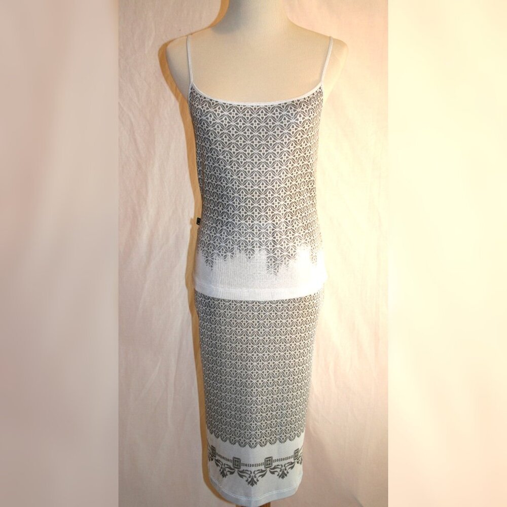 Vtg CAVALLI JEANS Italy Slinky Stretch Knit Grey Silver Skirt & Tank Top Sz 8